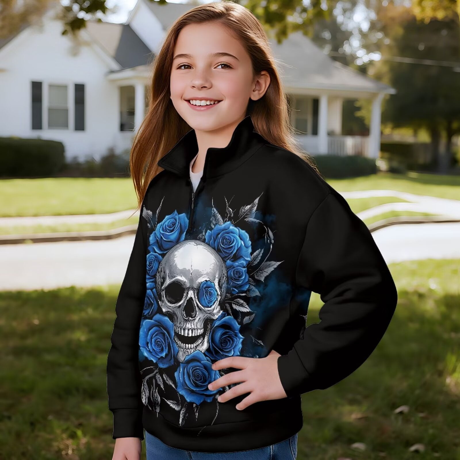 Uorisanigo Girls Half Zip Sweatshirt Fashion Blue Rose Skull Long Sleeve Pullover Top Fall Spring Outfits Clothes Oversized Quarter Zipper Cropped Sweatshirt for Sports and Daily Wear