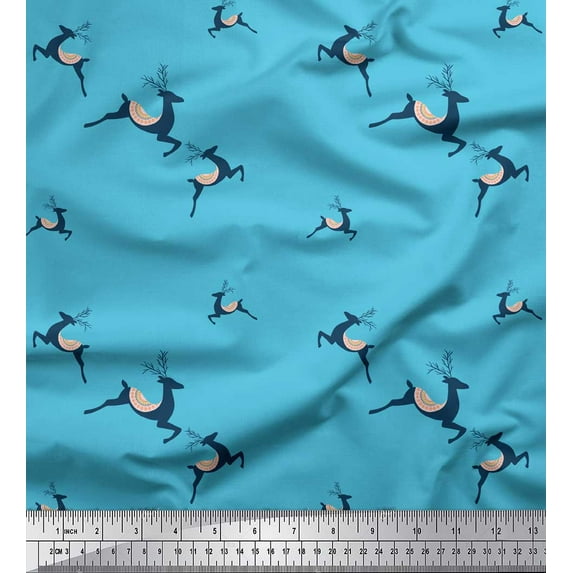 Soimoi Blue Japan Crepe Satin Fabric Reindeer Animal Fabric Prints By Yard 42 Inch Wide