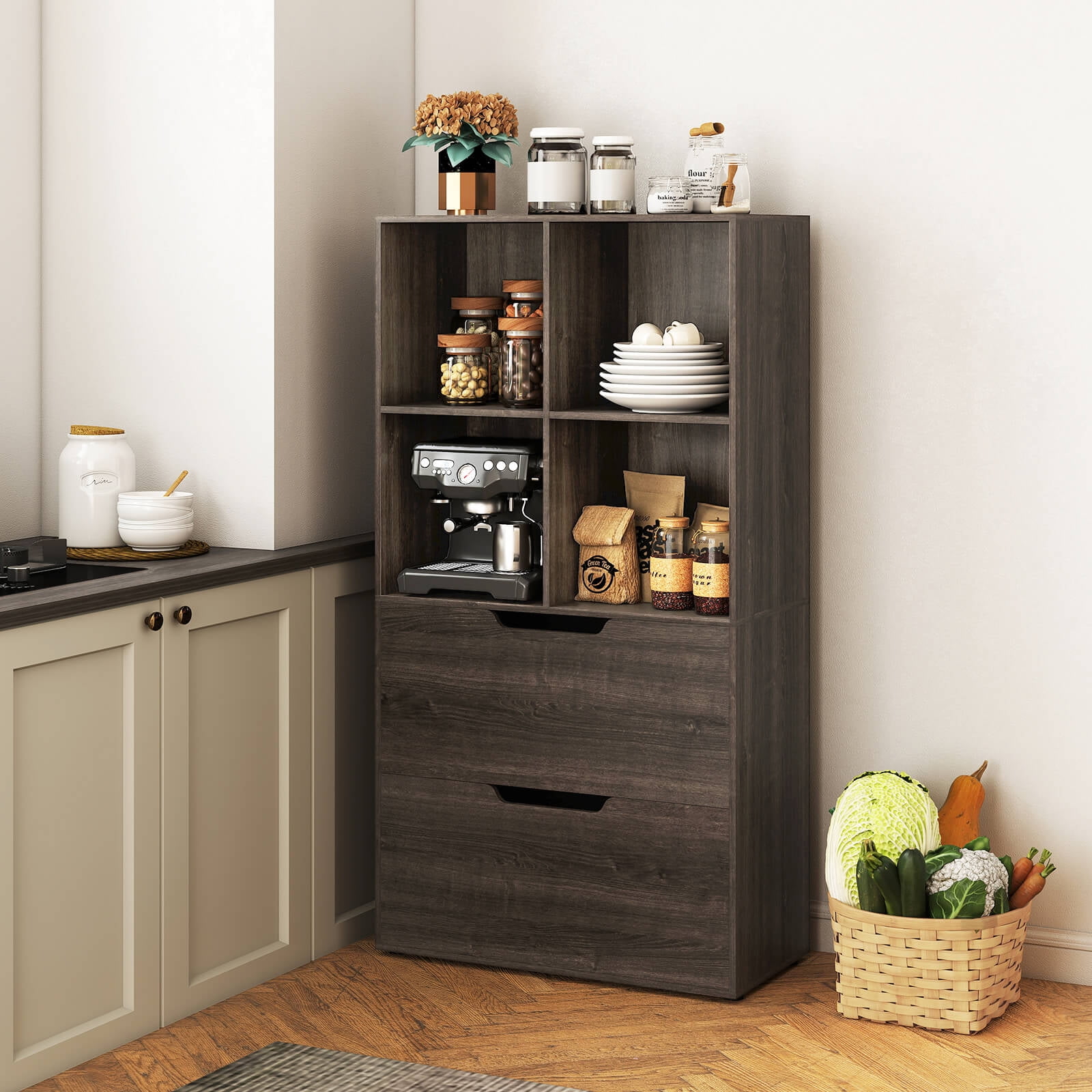 Costway 2 PCS 4-Cube Bookcase with 2 Drawers, Tall Freestanding Bookshelf for Living Room Gray