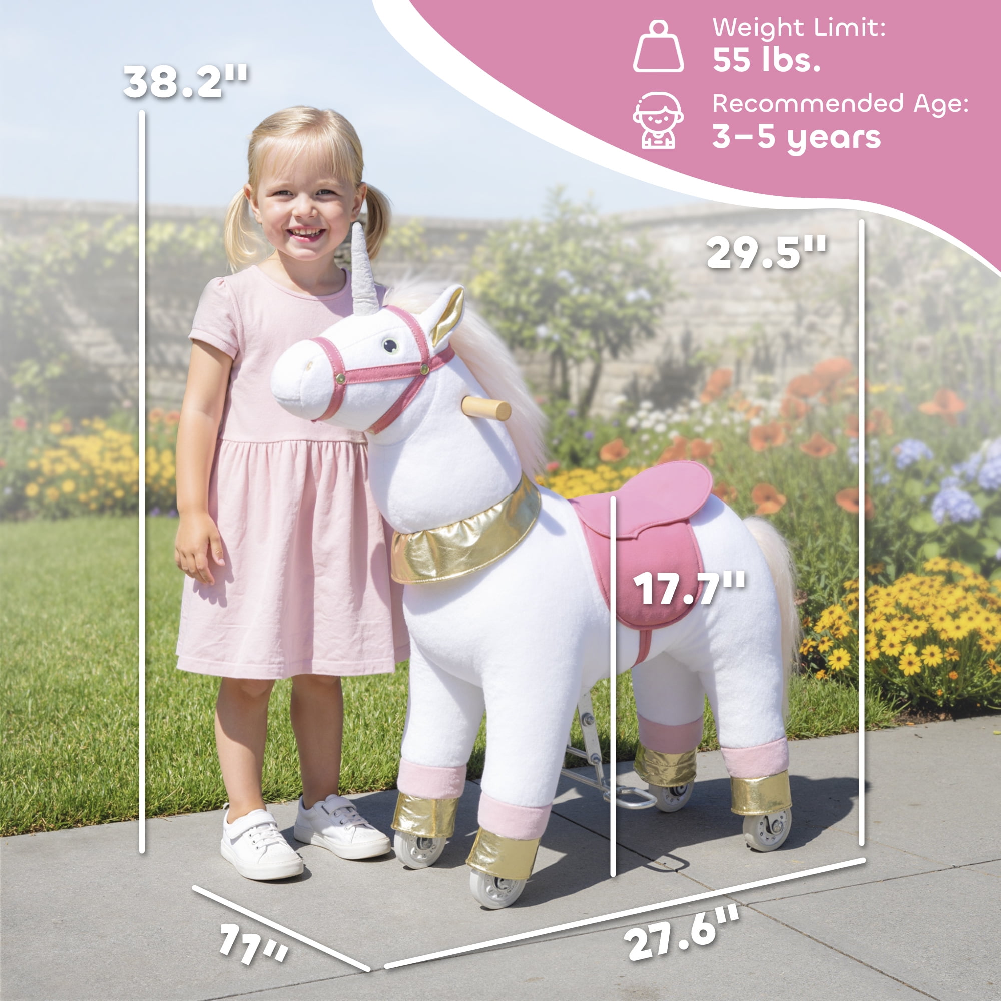 Qaba Ride on Unicorn Toy for Kids 3-5 Years, 29.5 Inch Plush Baby Rocking Horse, Mechanical Walking Animal with Wheels, No Batteries Required, White