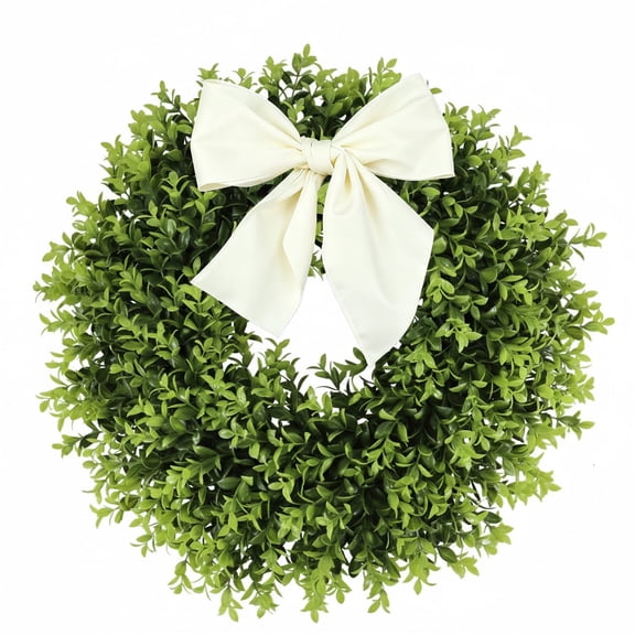 Guvpev 24 Inch Artificial Wreath - Faux Boxwood & Eucalyptus Greenery with Bow, Permanent All-Season Front Door Hanging Decor, Indoor/Outdoor