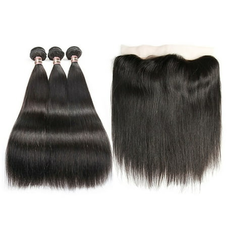 Beroyal Straight Brazilian Hair Bundles with Frontal Human Hair Weave with Closure Free Part, 16