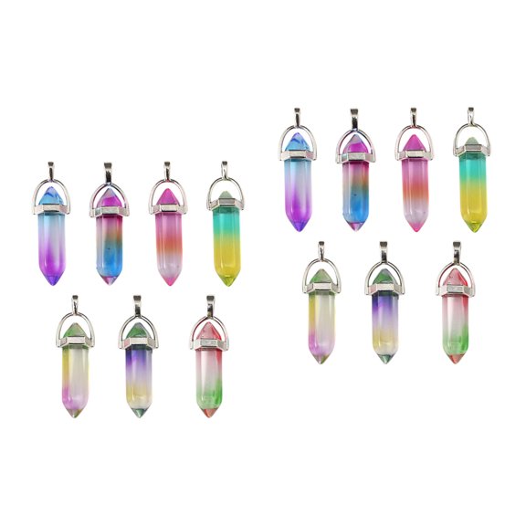 14pcs Hexagonal Natural Crystal Pendant, Double Pointed Hexagonal Crystal Necklace Pendant Set Jewelry Making Charms Colorful Gemstone Beads For Necklace