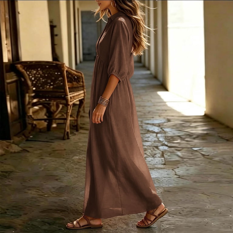 3/4 sleeve empire waist maxi dress Ygbgbb Women's V-Neck 3/4 Sleeve Linen-Blend Maxi Dress, Elegant Empire  Waist Design with Button Detail, Flowy Casual Summer Long Dress Coffee XL