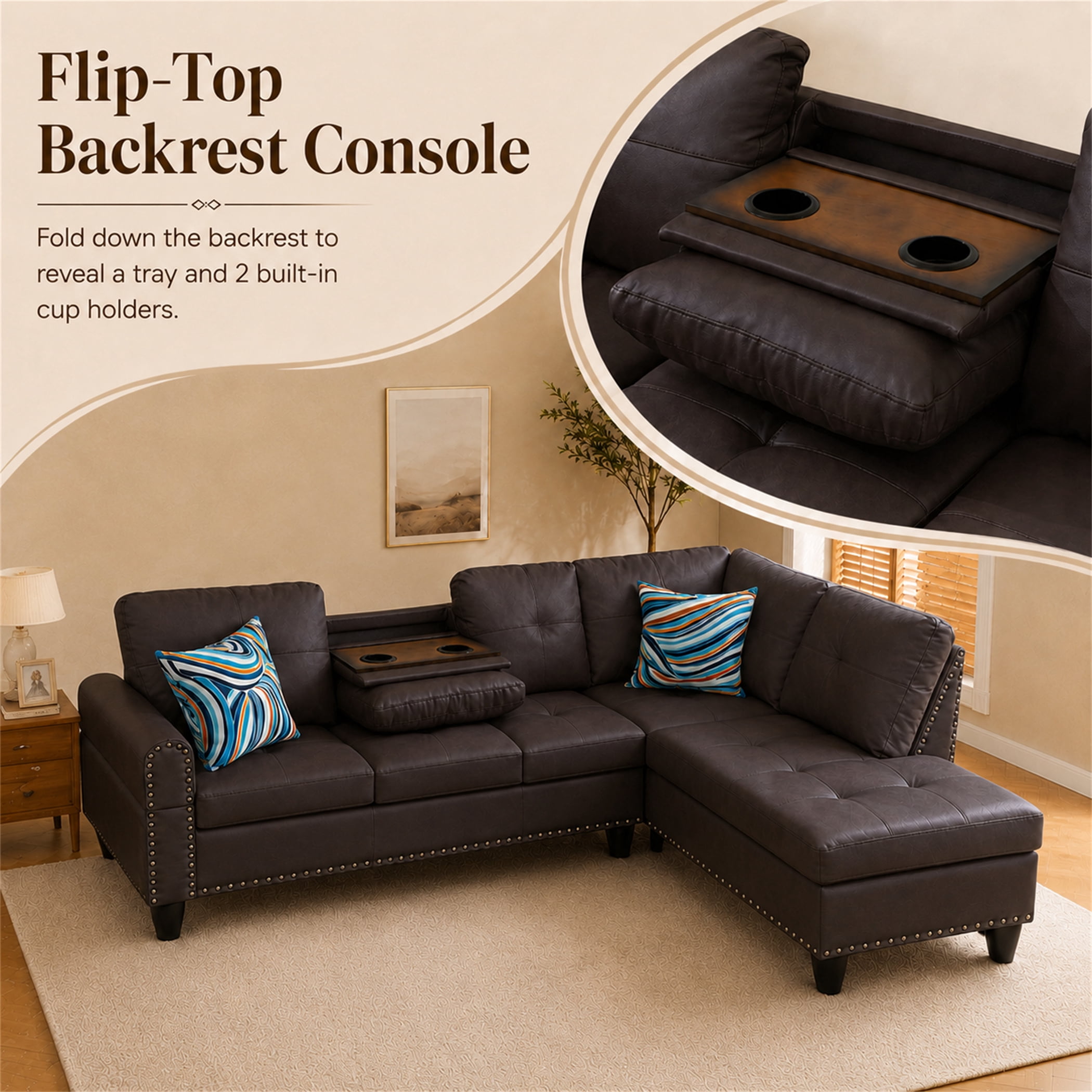 Aukfa 98" L Shaped Sectional Couch with Cup Holder Console, Tufted Back&Nailhead Trim, Oversized Right Chaise Leather Sofa for Living Room, Brown