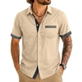 thumbnail image 1 of Camisas de Verano Casuales de los Hombres Impresas Camisa de Manga Corta Parchada para Hombres, Contraste Cuello Botón Arriba con Bolsillo de Pecho, 1 of 5