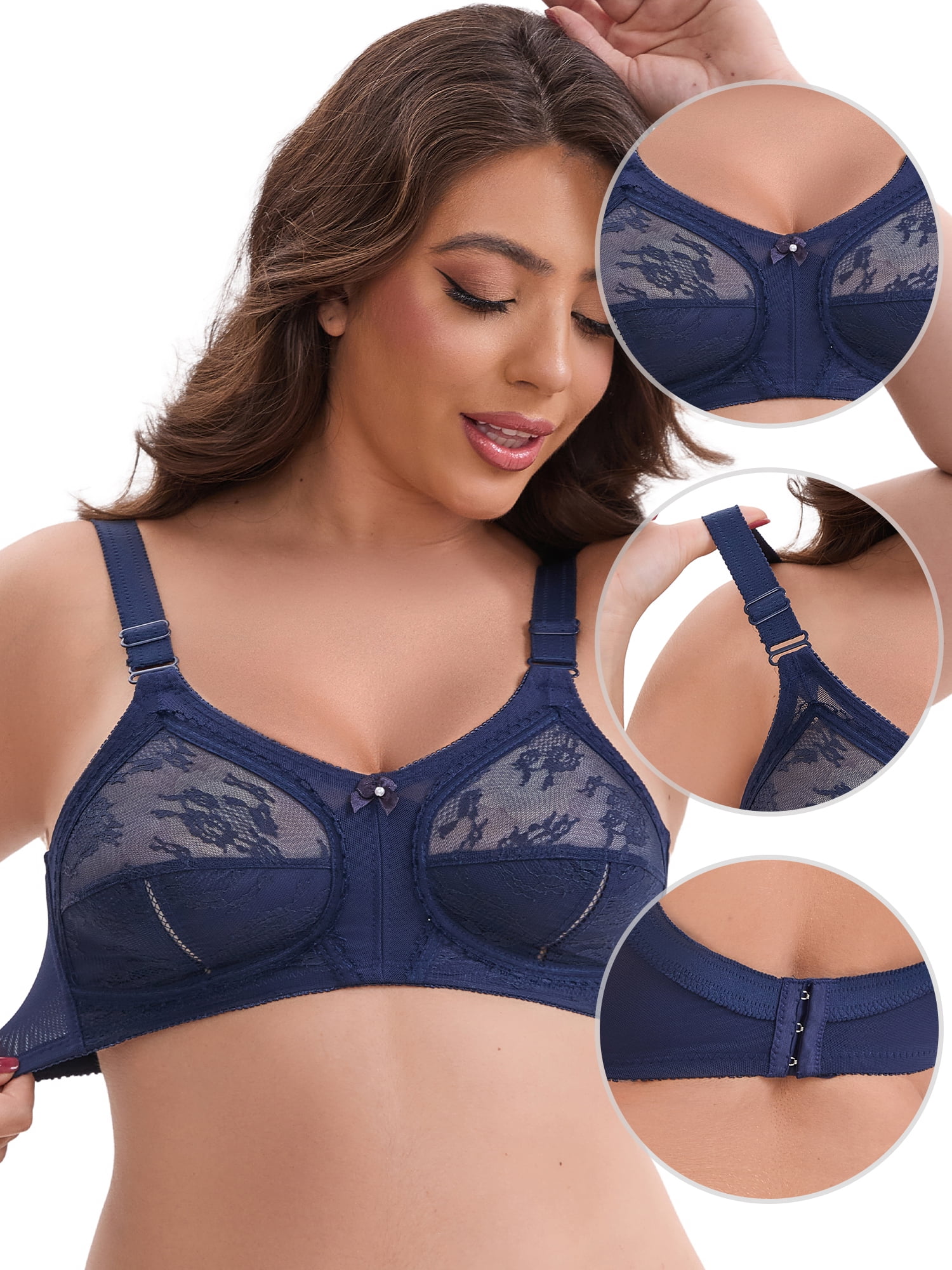 DARING DIVA Women's V-Neck Full Cup Wireless Bralette Lace Mesh 44D Blue