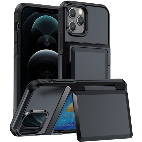 ELEHOLD Case for iPhone 12 Pro Max, Shockproof Heavy Duty Wallet Case with Hidden Card Holder for Women & Men,Black