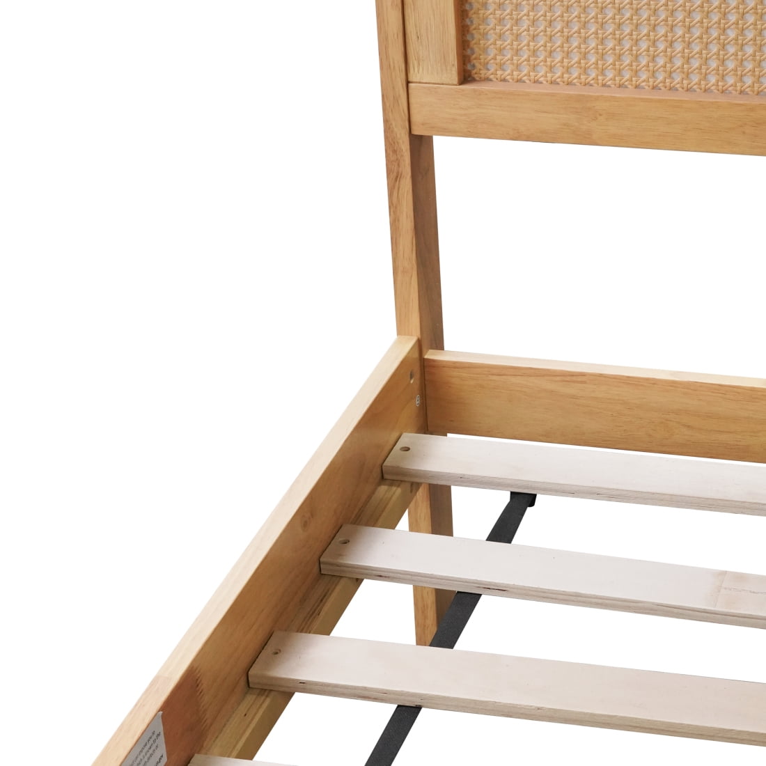 Full Size Rubberwood Bed Frame with Rattan Headboard and Reinforced Support Feet, Wooden Platform Bed Frame with Slat Support, 2 Storage Drawers, No Box Spring Required, White Oak