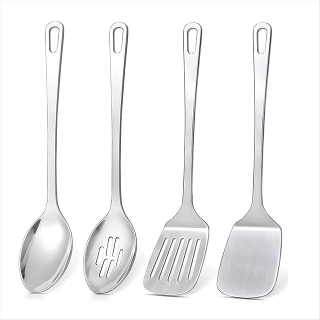 Juego de 4 Utensilios de Cocina de Acero Inoxidable. Incluye Espátula para Wok y Cuchara para Servir.
