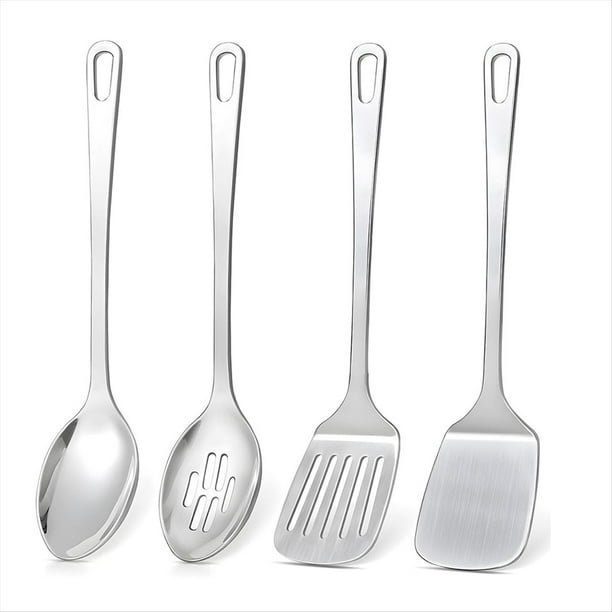 Juego de 4 Utensilios de Cocina de Acero Inoxidable. Incluye Espátula para Wok y Cuchara para Servir.