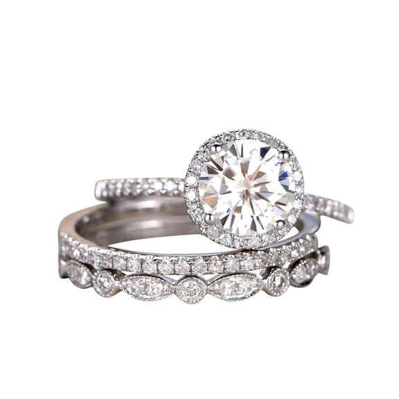 Art deco 2 Ct Man made diamond moissanite and Man made diamond moissanite Trio Wedding Ring Set with 18k Gold Plating