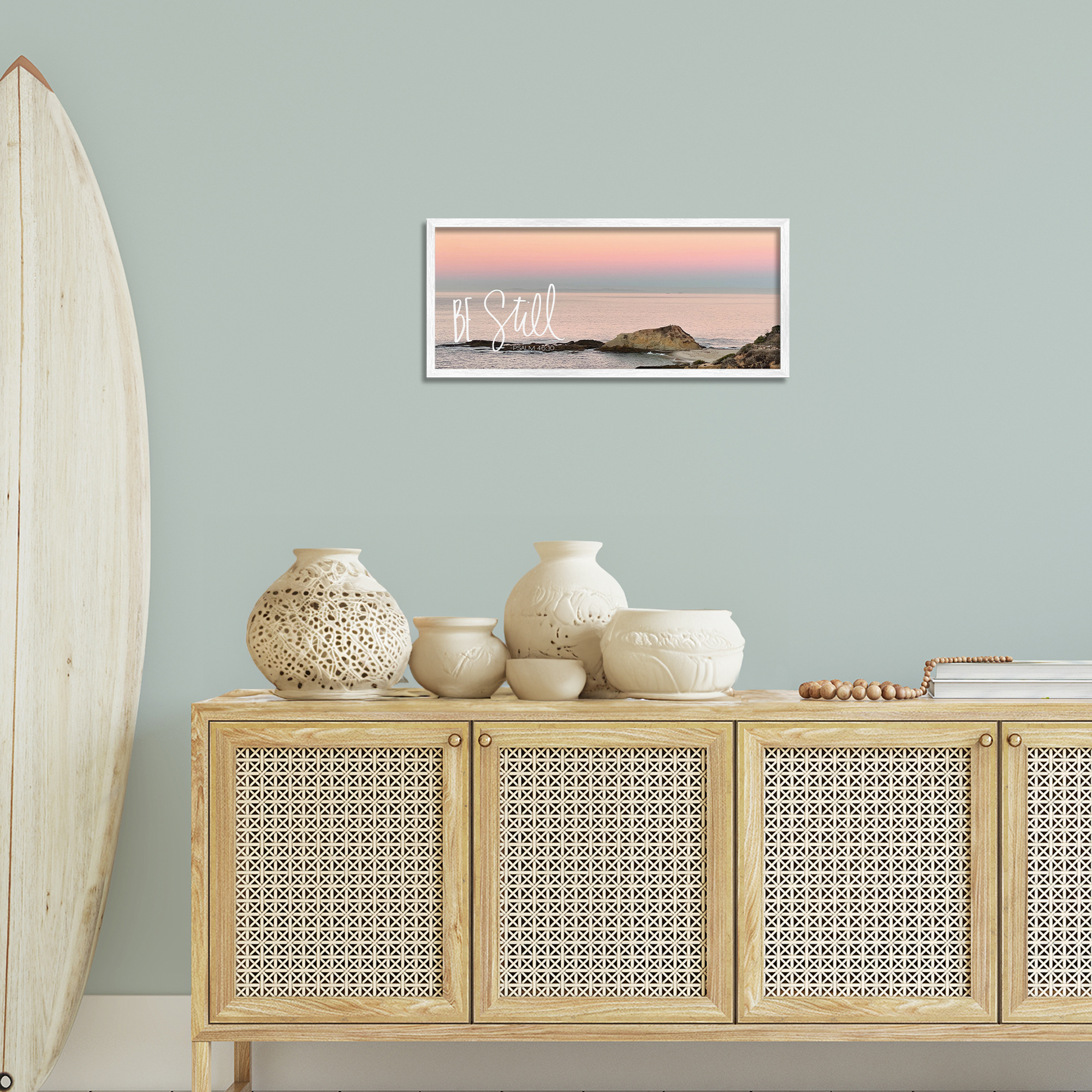 Stupell Industries Be Still Peaceful Beach Landscape Painting White Framed Art Print Wall Art, 24 x 10