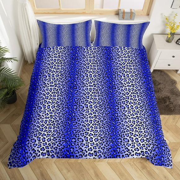YST Navy Blue Leopard Print Duvet Cover King Cheetah Bedding Set, Abstract Art Comforter Cover Safari Animal Bed Set, Ombre Gradient Bedding Geometry Stripe Decor 3pcs (Zipper Closure)