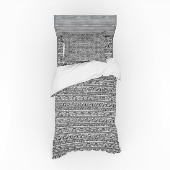 Ambesonne Tribal Bedding Set 3 Pcs, Zentangle Triangles, Twin XL, Charcoal Grey and White