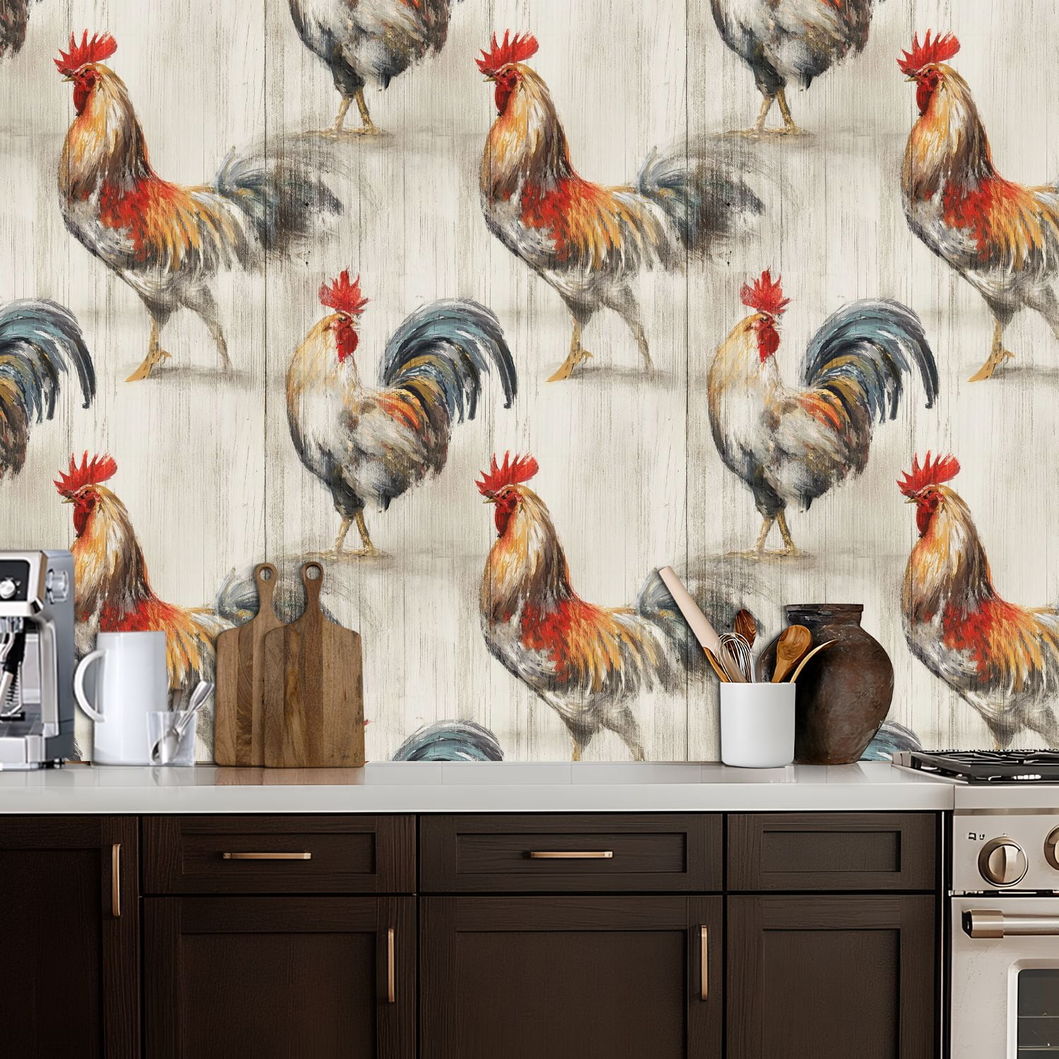 Farmhouse Peel and Stick Wallpaper 17.7in x 9.8ft Colorful Roosters Artistic Brushstroke Style Rustic Wood Contact Paper Vinyl Waterproof Self Adhesive Wall Paper for Bedroom Cabinet Renter Friendly