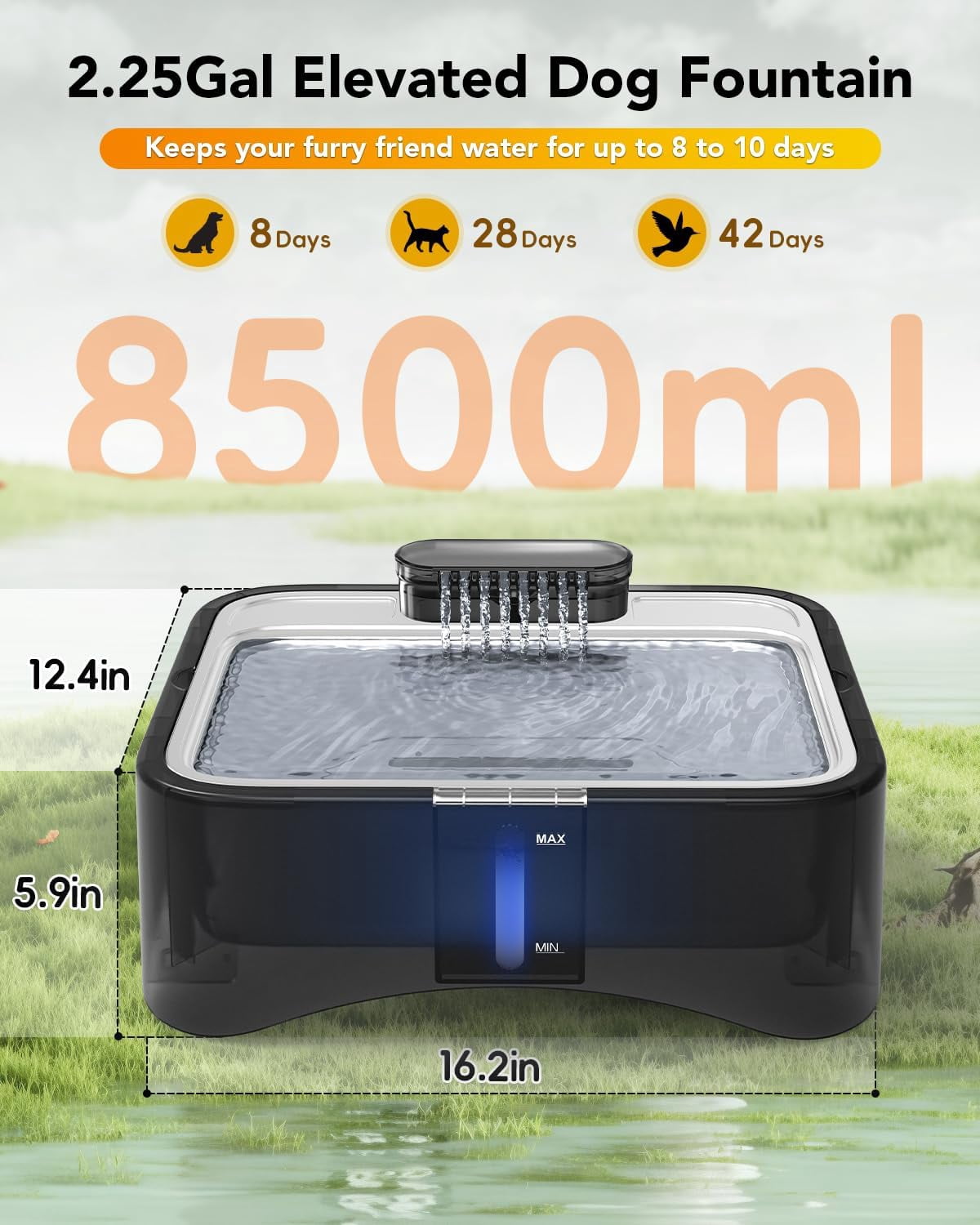 2.25Gal Elevated Dog Water Fountain, 4 Heights Adjustable Pet Fountain for All Dog Sizes, 304 Stainless Steel Tray Indoor Cat Drinking Dispenser with Ultra-Quiet Pump & 2 Replacement Filters