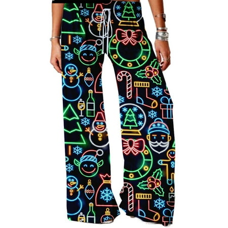 

Calzi Christmas Print Palazzo Pants for Women Wide Leg Pajamas Pants Green Black M