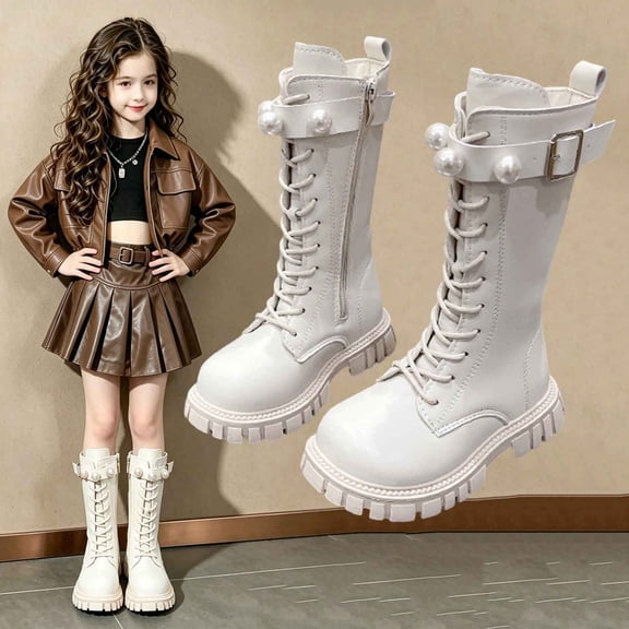 Girls' Buckle Strap Mid Calf Boots Solid Color Lace Up Leather for School Campus Wear Weekend Party Outfits 3-15 Years White 4-4.5 Years