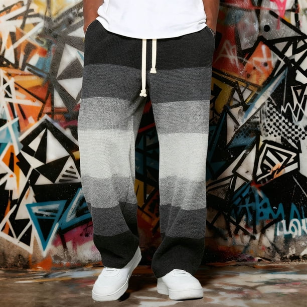 Ceisia Men's Gradient Striped Waffle-Knit Sweatpants Contrast Drawstring Wide-Leg Casual Pants Gifts