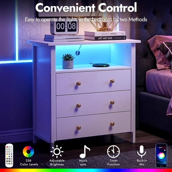 JUIKURY 27 Inch Wide Nightstand with Charging Station, Large Nightstand with 3 Wood Drawers & LED Lights, Big Bedside Table with Open Shelf for Bedroom, Guest Room, Office, White