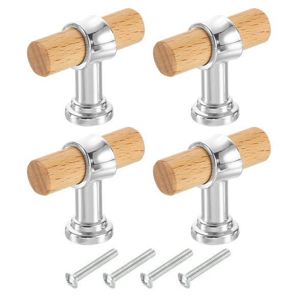 Uxcell 4 Pack Tiradores de Cajón de Madera en Forma de T, 1.57" x 0.63" Tiradores de Gabinete de Madera con Base de Plata y Tornillos para Cocina, Armario, Closet, Haya