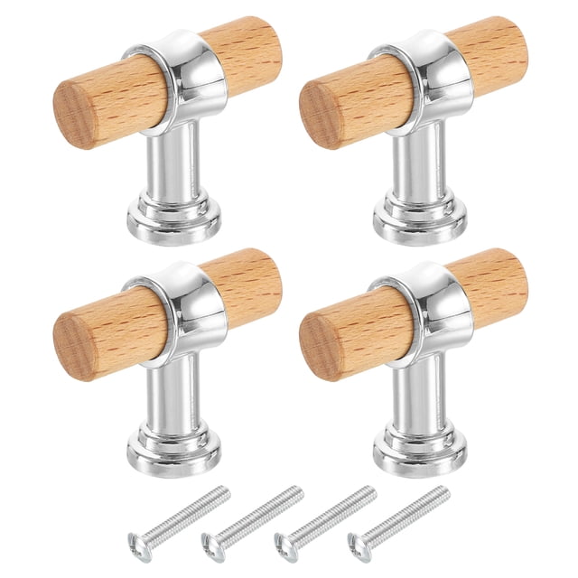 Uxcell 4 Pack Tiradores de Cajón de Madera en Forma de T, 1.57" x 0.63" Tiradores de Gabinete de Madera con Base de Plata y Tornillos para Cocina, Armario, Closet, Haya