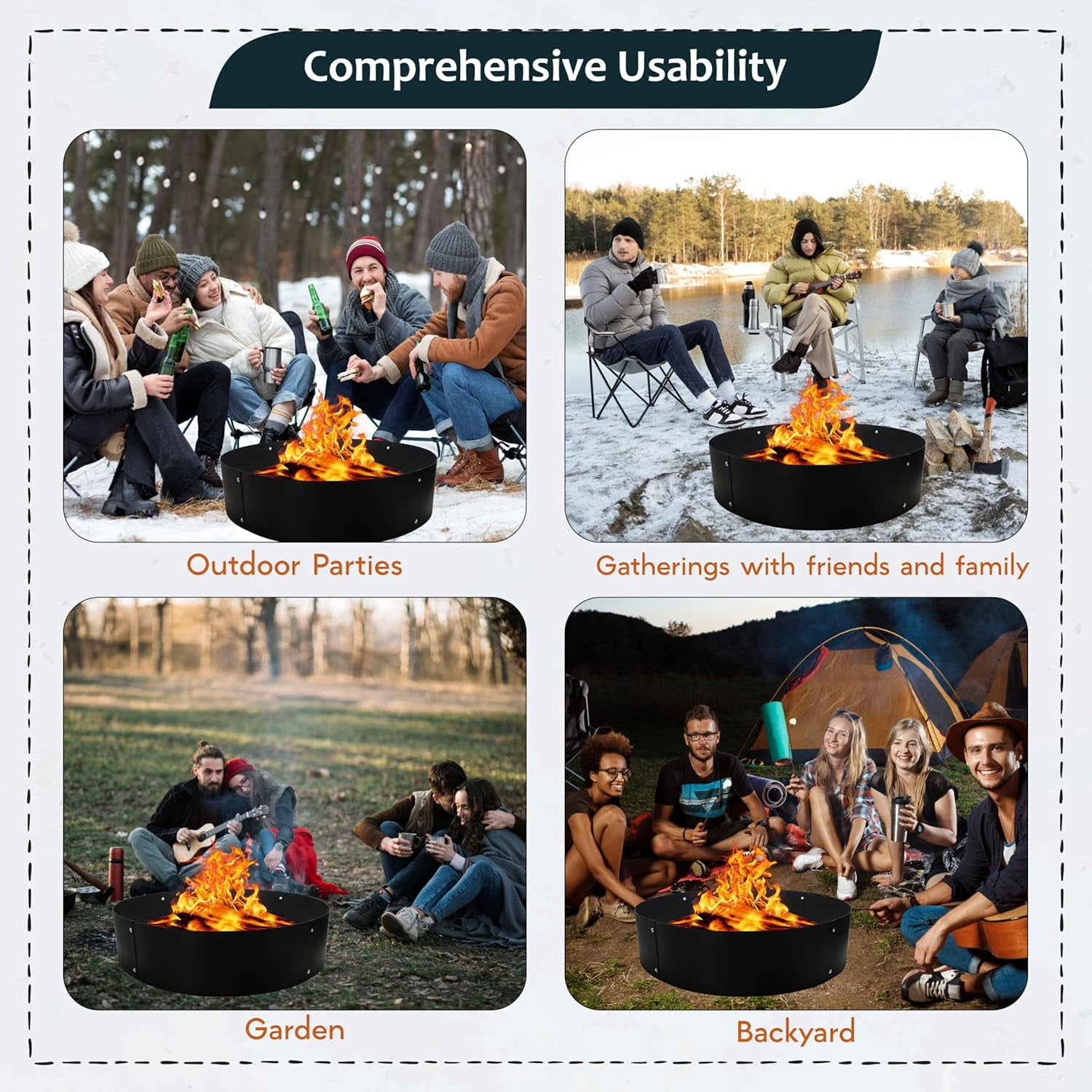 FEBTECH - 48" Portable Firepit Ring Liner - 2MM Carbon Steel DIY Fire Ring for Outdoor Fire Pits - Above-Ground or In-Ground Fire Ring Insert for Backyard Bonfires, Camping