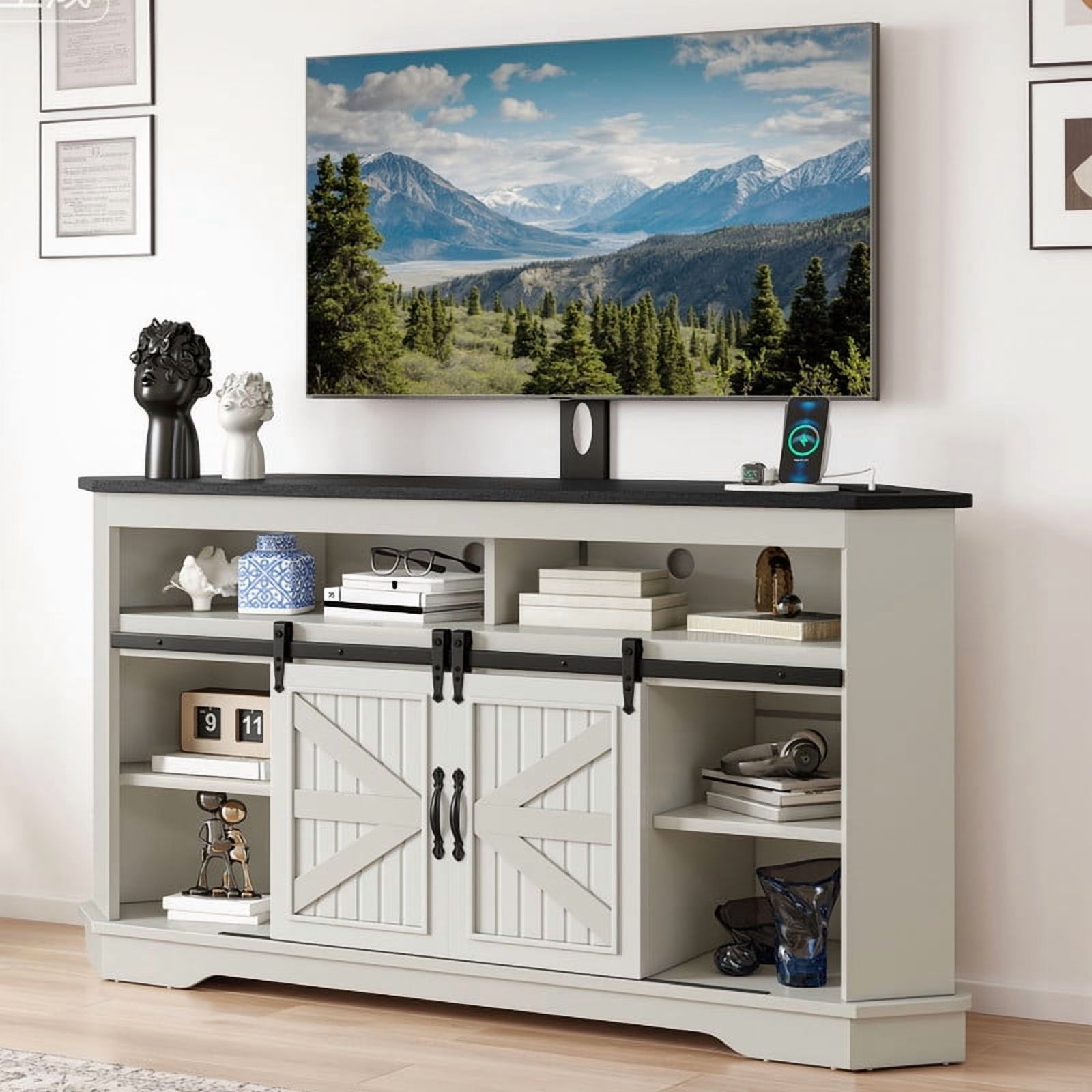 Uforic TV Stand for 70" TV with Mount, Farmhouse Entertainment Center with Power Outlets & Sliding Barn Doors, White
