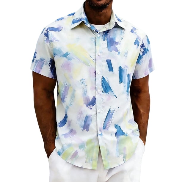 Mens Casual Manga Corta Botón Abajo Camisas Cuello Abierto Impreso Vacaciones de Verano, Camisas de Manga Corta de los Hombres Casual