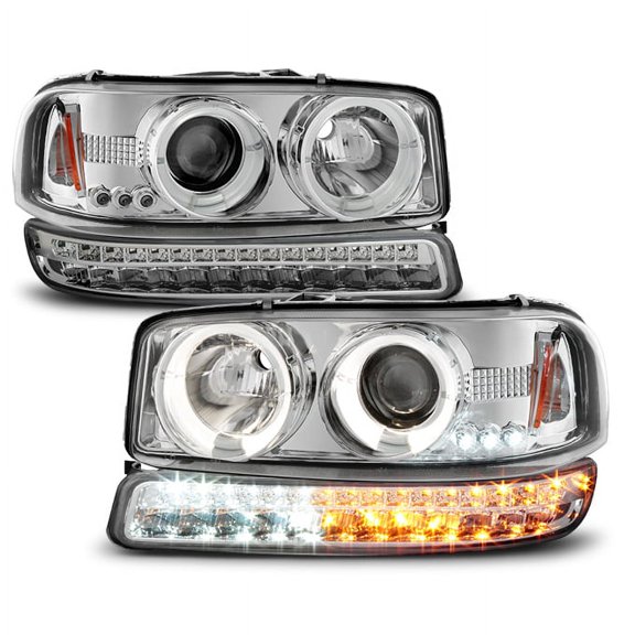 AKKON - For 1999-2006 GMC Sierra | Yukon Replacement LH   RH Projector Head Lights   LED Bumper Lights Pair