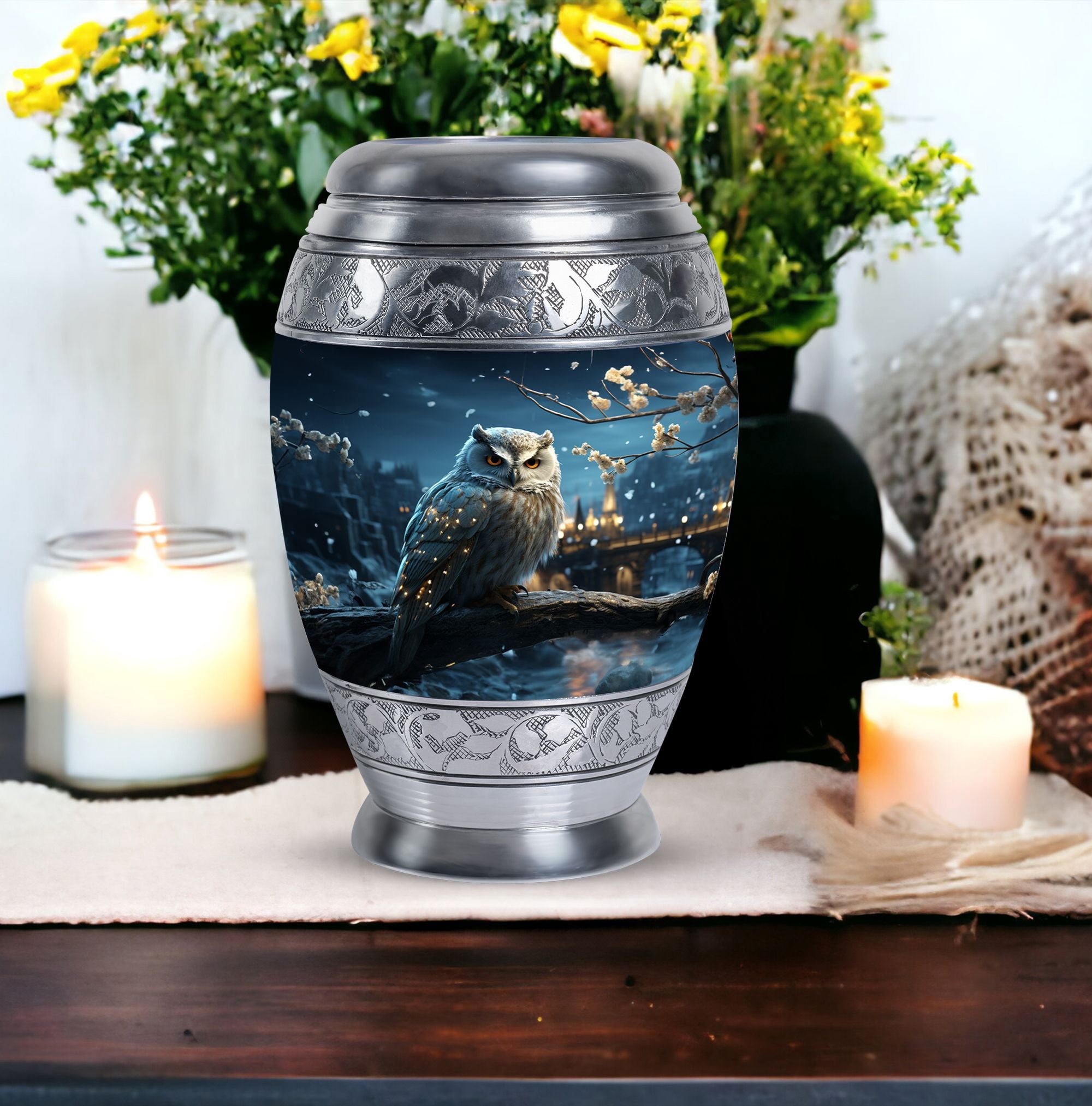 Golden Owl Urns For Ashes Adult Mom - Funeral Large Urn For Human Ashes Man And Women - Memorial Gifts For Decorative 10Inch To 200 Cubic Inches Capacity Include Velvet Bag