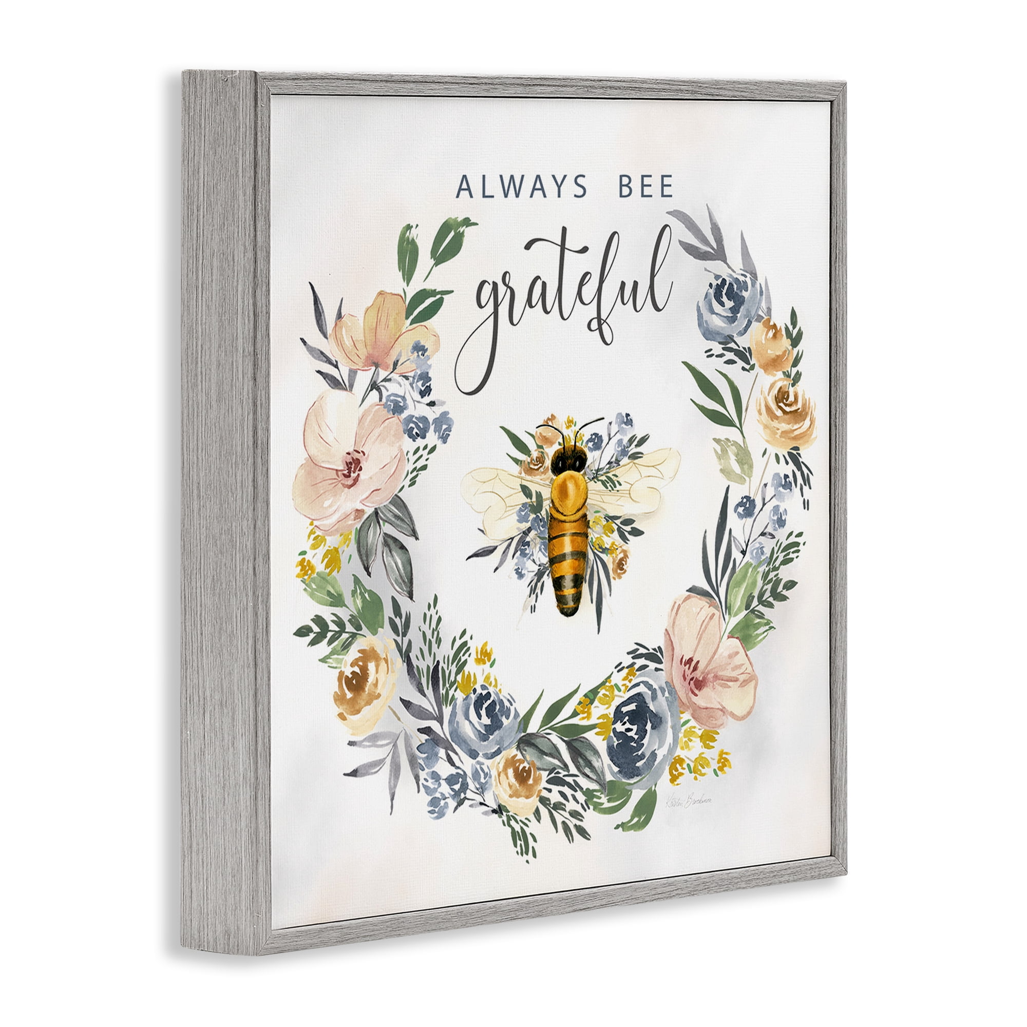Stupell Industries Country Bee Grateful Botanical & Floral Painting Gray Framed Art Print Wall Art, 12 x 12