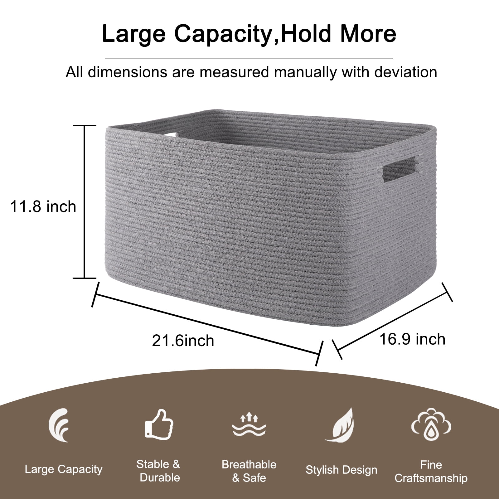 CHERISHGARD 70L Large Laundry Basket, Rectangle Cotton Rope Storage Baskets, Cotton Rope Basket with Handles