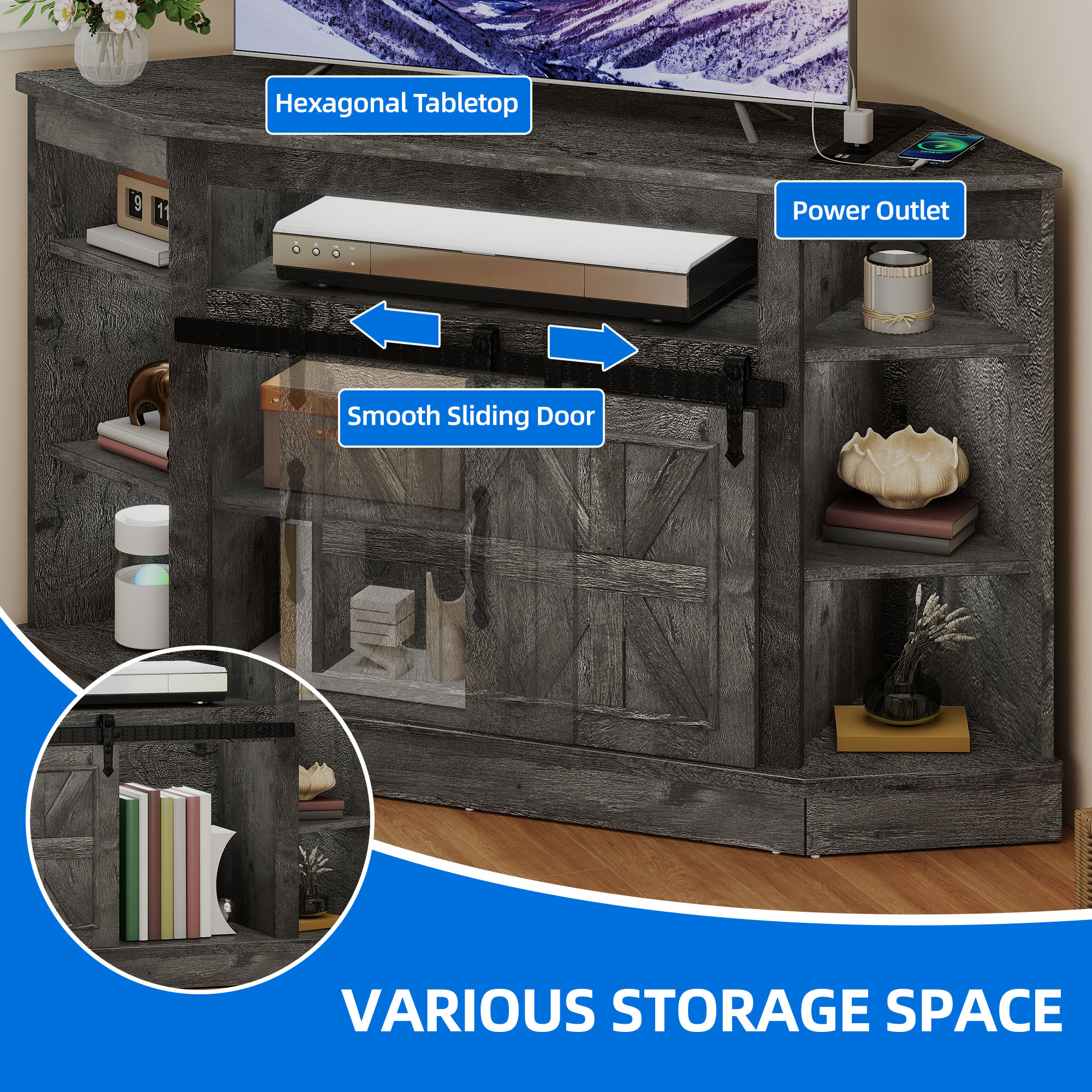 DEXTRUS Farmhouse Corner TV Stand for 50" TV, Entertainment Center with Sliding Barn Door, Dark Gray