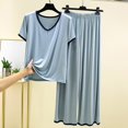 thumbnail image 4 of Nooxsoe Womens Linen Matching Pajama Sets Daily Sleepwear Round Crew Neck Short Cap Sleeve Front Floral Embroidery Elastic Waist Wide Leg Capri Pants Beach Airport Travel Lounge Outfits Blue 2XL, 4 of 4