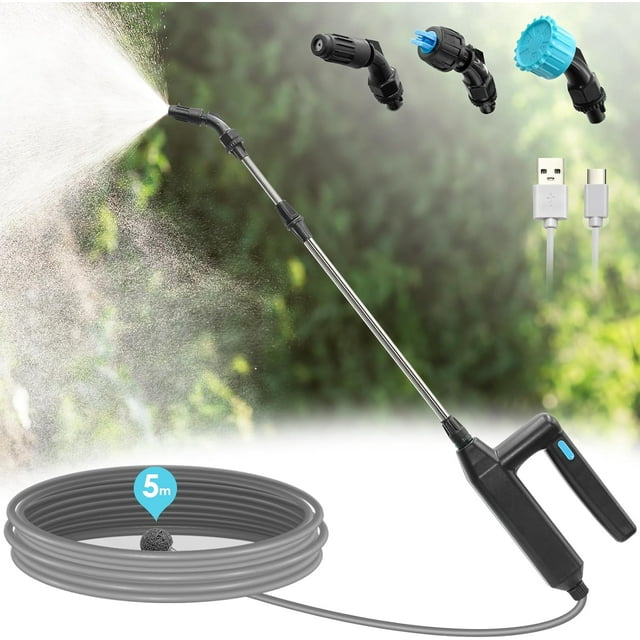 Pulverizador a presión a batería, pulverizador eléctrico para plantas con varilla telescópica de 23,6 pulgadas, manguera de 5 m, 3 boquillas, recargable