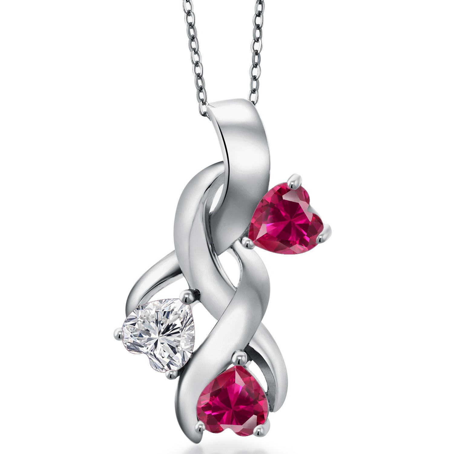Gem Stone King 925 Sterling Silver Lab Grown Diamond and Red Created Ruby Pendant Necklace for Women | 1.64 Cttw | Gemstone April Birthstone | Heart Shape 5MM | With 18 inch Chain
