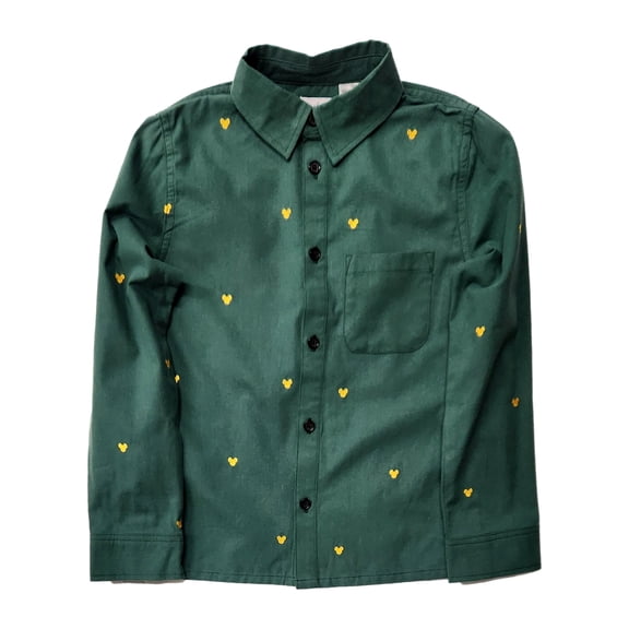 Disney Boys Green & Yellow Mickey Mouse Long Sleeve Button Front Shirt Size11-12
