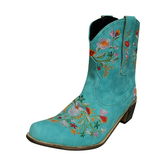 Lyinloo Women Fashion Embroidered Cowboy Riding Boots Casual Warm Middle Heels Middle Tube Short Boots Shoes Blue 43