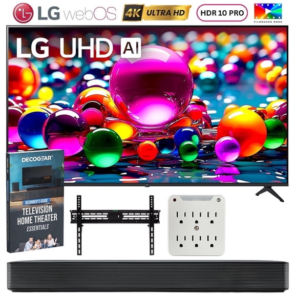 LG 55UA7700PUB 55 Inch UA77 LED AI 4K UHD Smart webOS TV 2025 Bundle with SKM1 2.0 Ch. Soundbar, 37"-70" TV Wall Mount, 6-Outlet Surge Adapter & Deco Gear Complete Home Theater Beginner's Guidebook