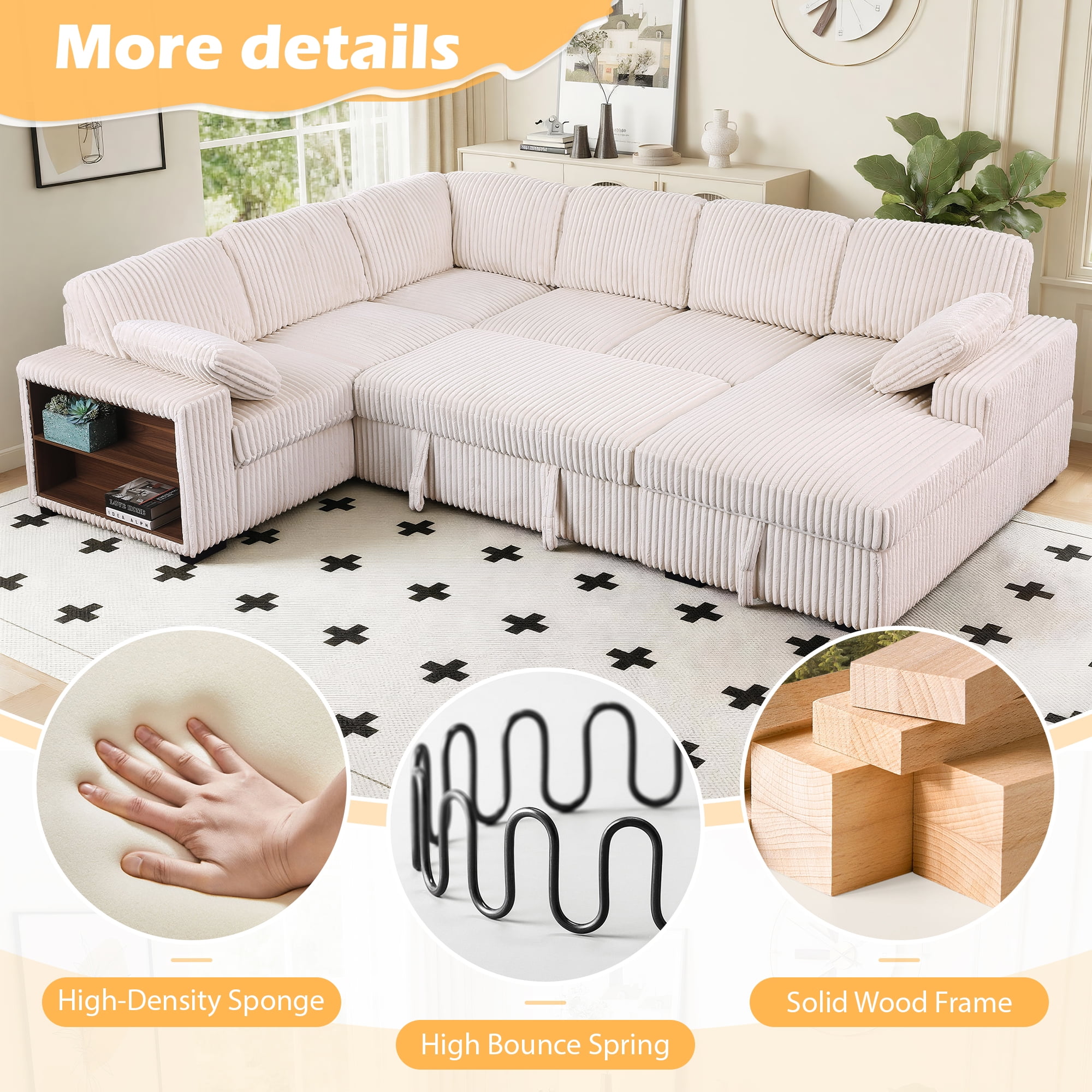 Gewnee 117 inch Sectional Sofa with Pull Out Bed,U-Shaped Modular Sectional with Storage,Cloud Couch for Living Room,Family Room & Apartment,Beige