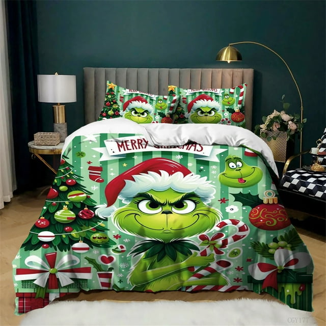 The Grinch Duvet Cover Set Christmas Cartoon Soft Breathable Bedding Set Lightweight Quilt Cover with Zipper Closure