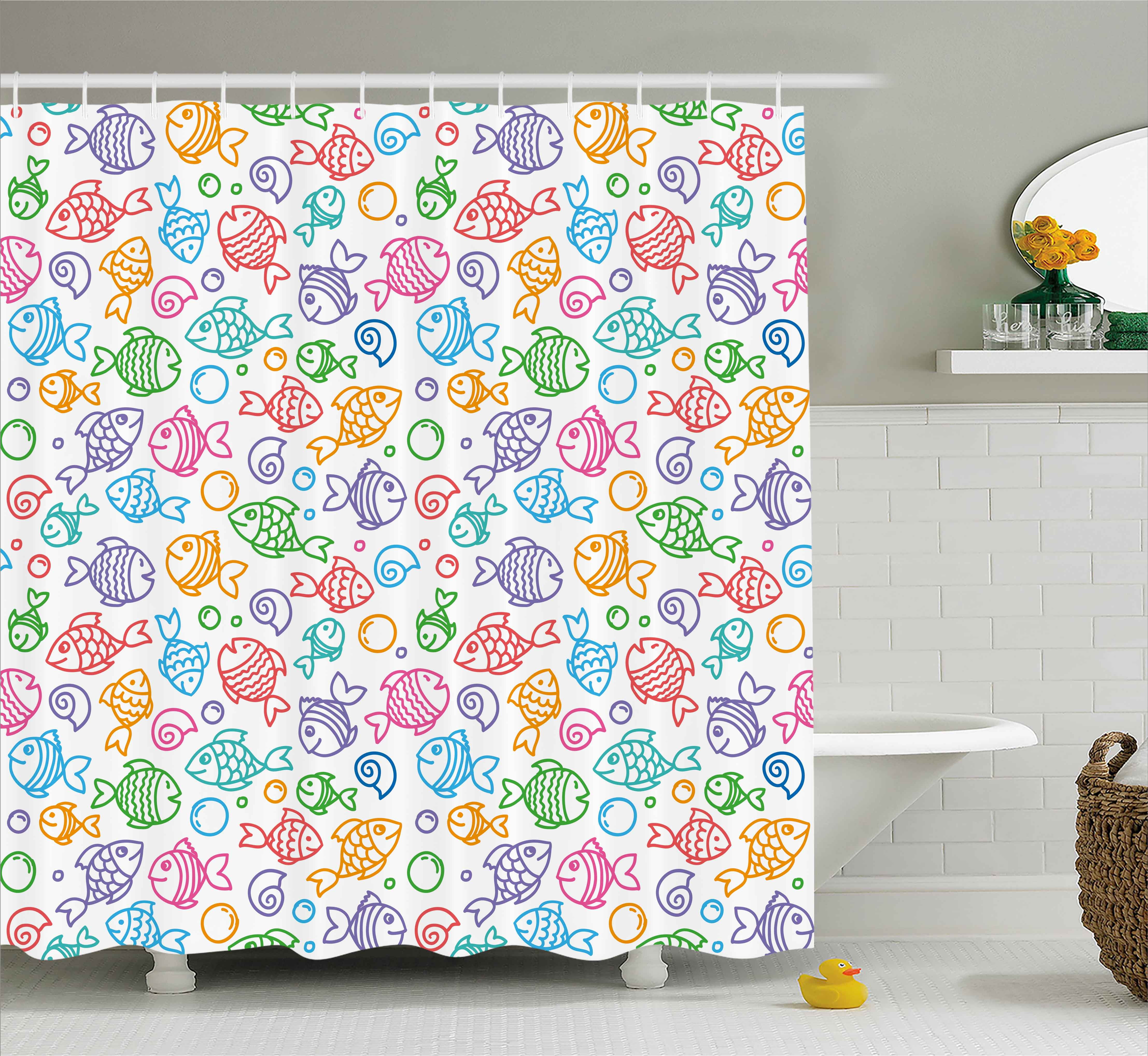 Kids Decor Shower Curtain, Various Color Repeating Funny Fish Motif