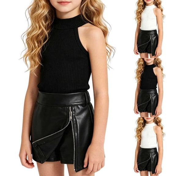 Agkizg Big Girls Clothing Set Ribbed 2 Piece Outfit Sleeveless Top Faux Leather Shorts Skirt Set