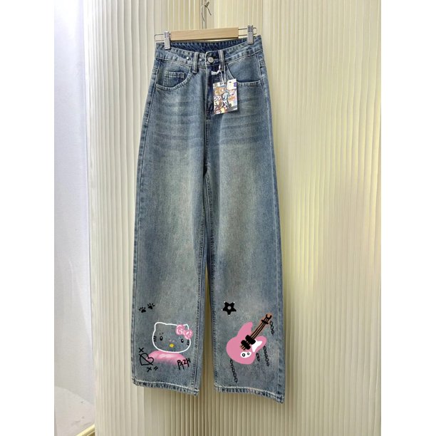 Sanrio-pantalones de Hello Kitty con dibujos animados de Anime Y2K, pantalones de pierna ancha de felpa, estampado de moda, mallas holgadas de pierna recta para invierno
