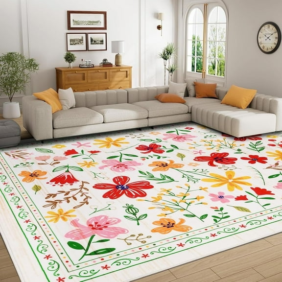 BLEUM CADE 5x7 Area Rug, Floral Rugs for Living Room, Lightweight Non Slip Washable Rug, Indoor Low Pile & Non-Shedding Vintage Rugs Carpet for Bedroom, Living Room, Dining Room, White