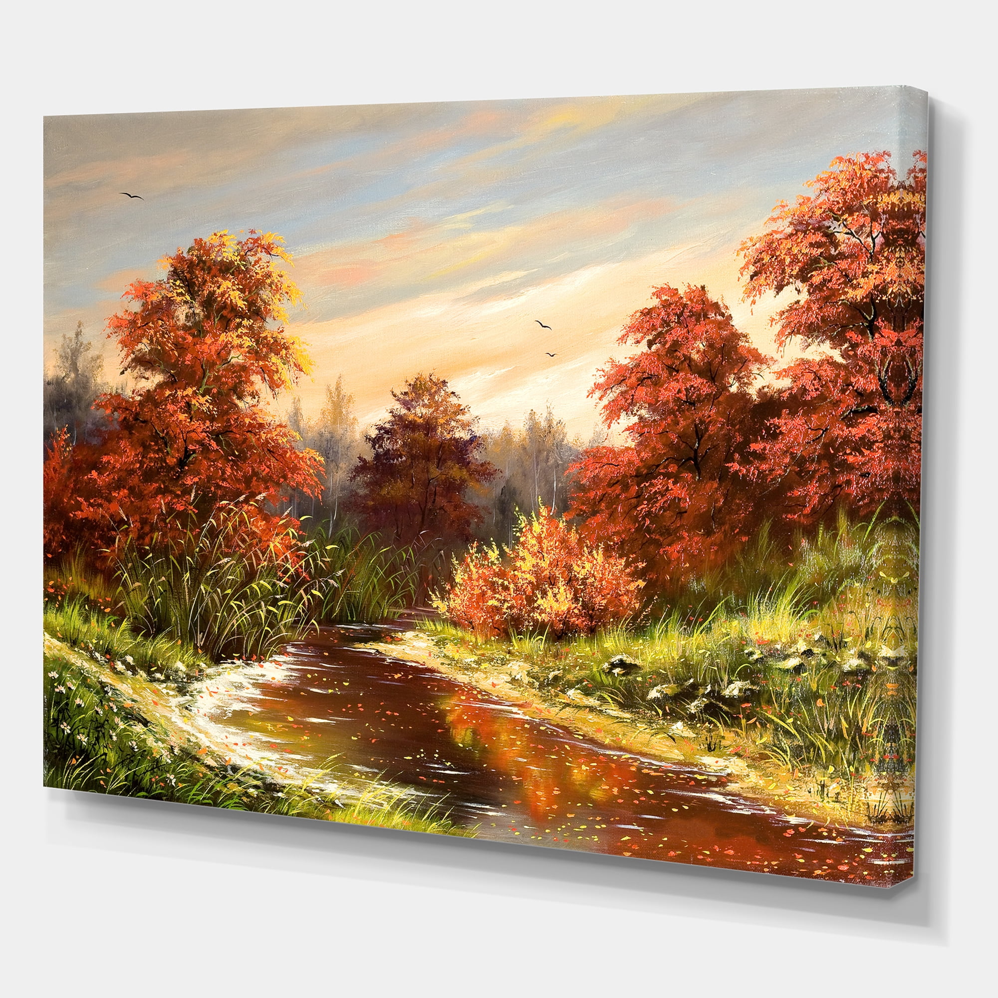 Designart ' The Wood River On A Decline In An Orange Autum Summer ' Lake House Canvas Wall Art Print