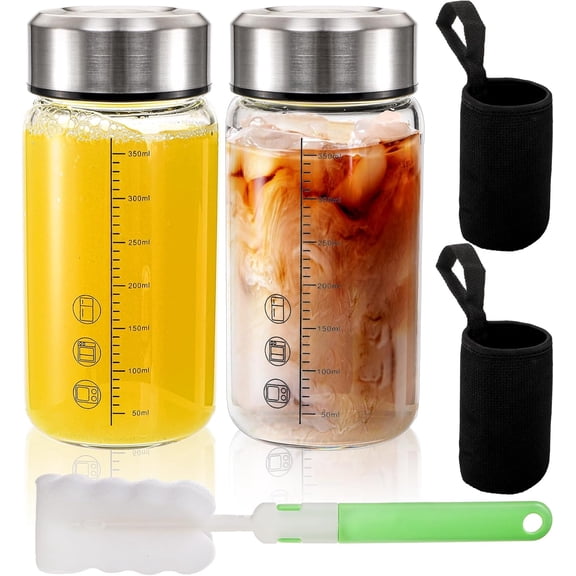 2 Pack Glass Bottles with Lids, 12 Oz Wide Mouth Shaker Bottle with Sleeve, Leakproof Glass Mixing Sports Drinking Bottles for Protein Mixs, Juice, Vitamin