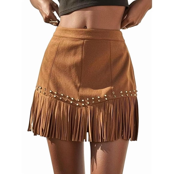 Women'S Suede Fringe Cowgirl Skirts Country Concert Outfit Western High Waisted Mini Skirt Western Caramel Color M